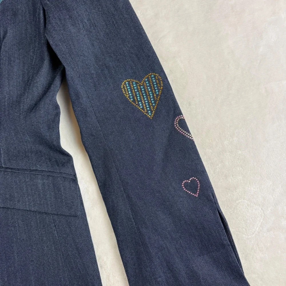 Cinq a Sept Cheyenne Blazer Women Size 6 Blue Denim Rhinestone Heart Embellished